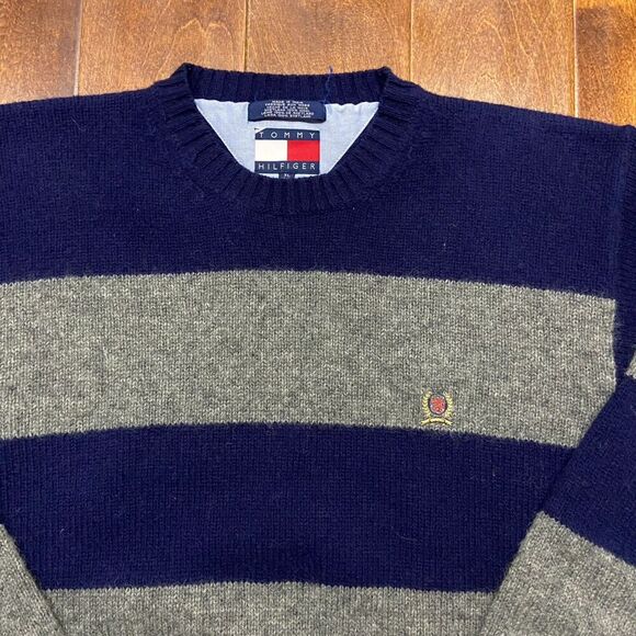 Tommy Hilfiger Y2K Vintage Wool Striped Grey Navy Sweater Men's Size XL - Picture 2 of 7